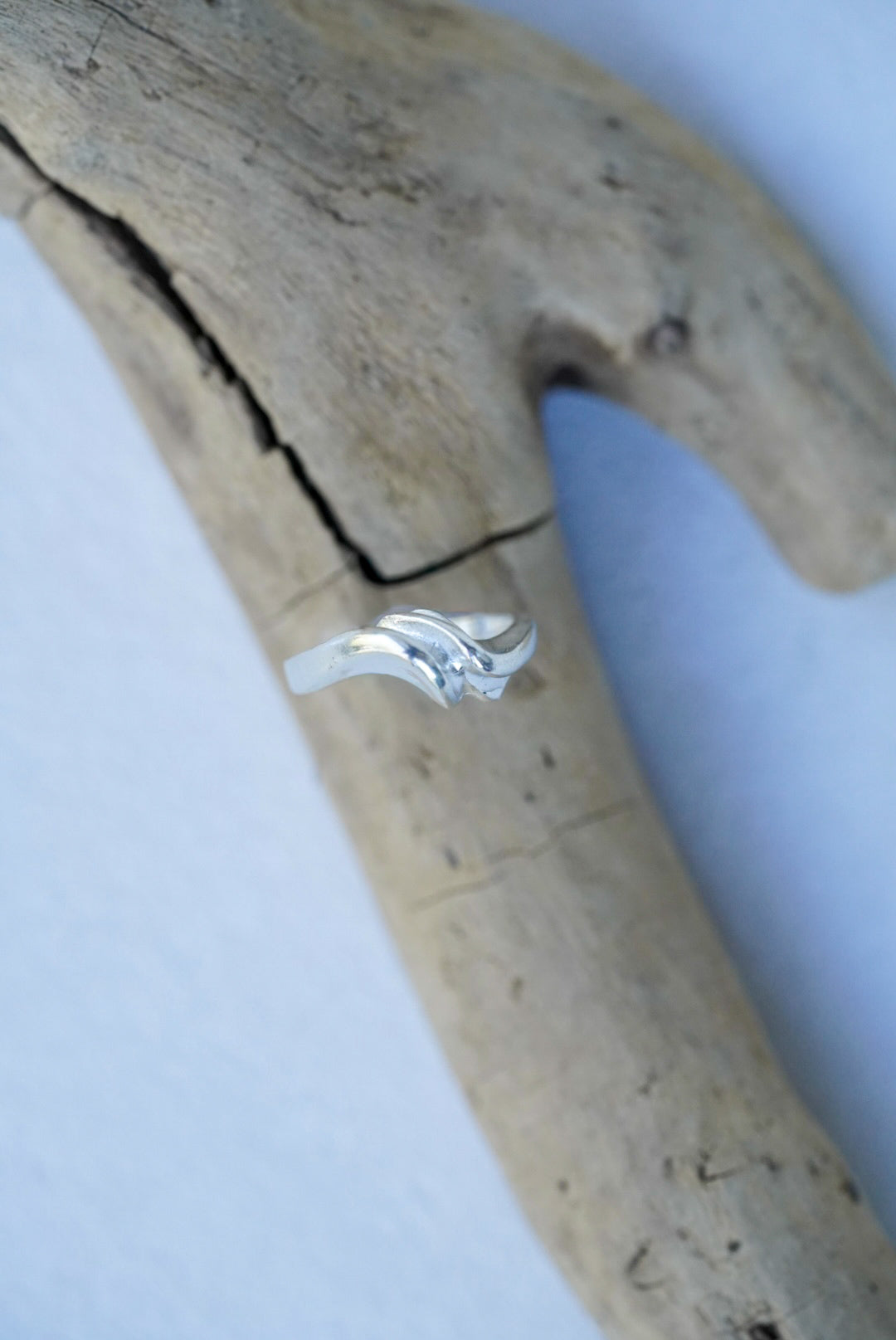 Silver ring on a piece of driftwood with a white background