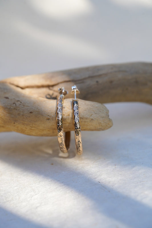 A pair of textured gold hoop earrings resting on a piece of driftwood over a white surface with soft natural shadows.