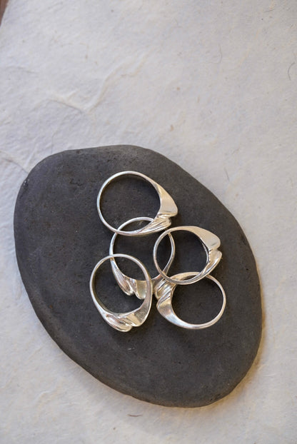 Five polished silver rings with organic, flowing twisted shapes, displayed on a dark gray stone against a light beige textured background.