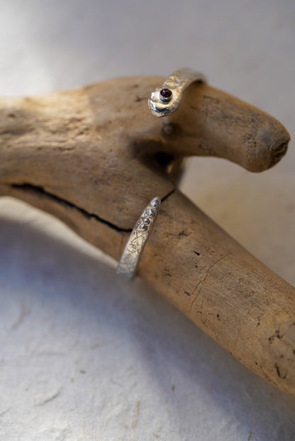 A silver snake cuff with a small garnet, resting on a piece of driftwood against a light gray background.
