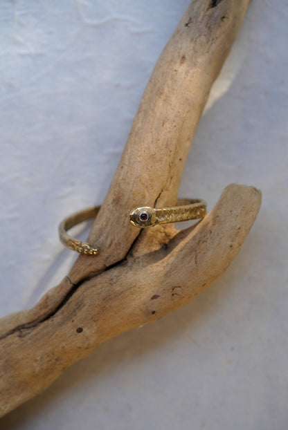 A bronze snake cuff with a small garnet, wrapped around a piece of natural driftwood on a light textured background.