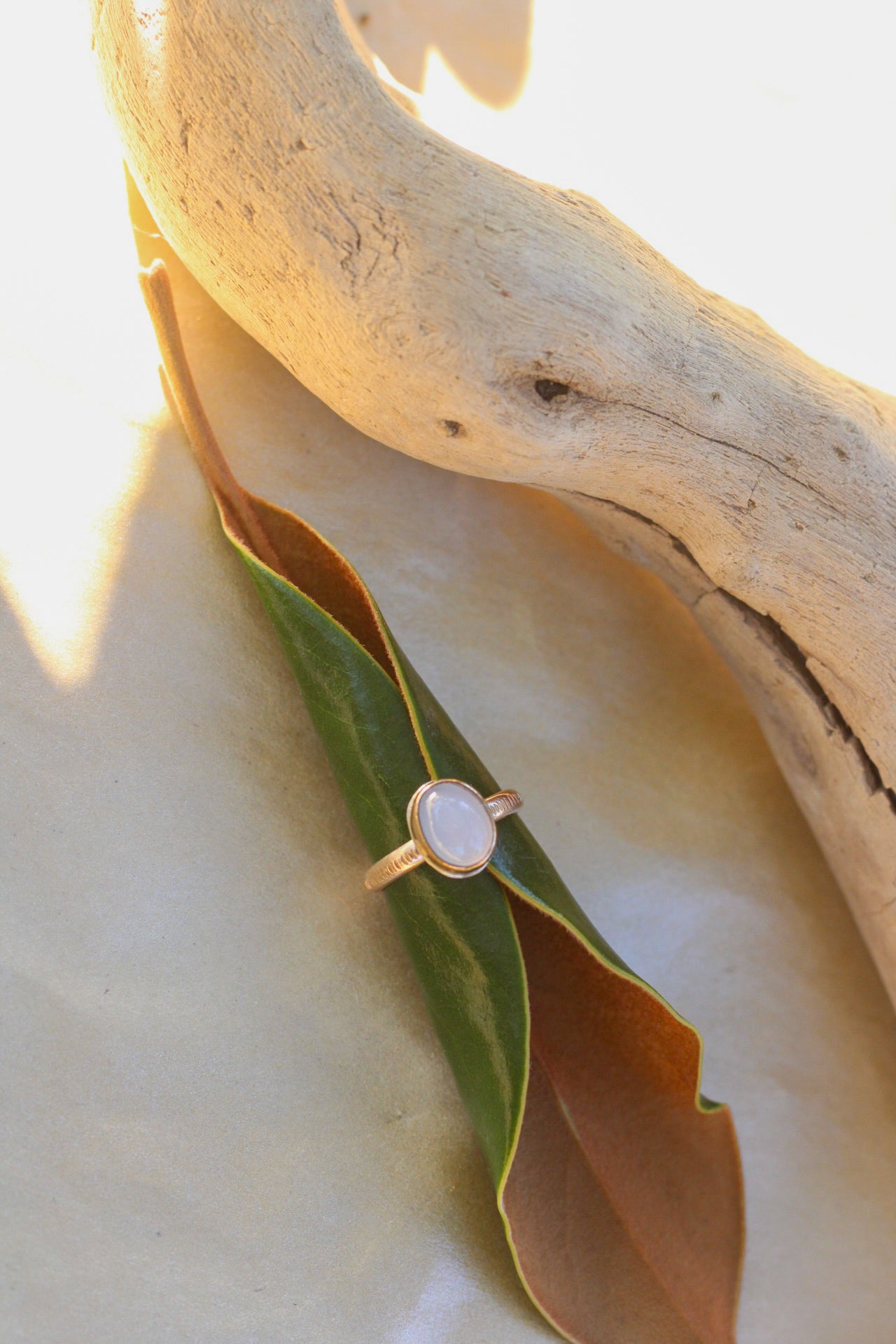 Chalcedony ring on a leaf with natural background