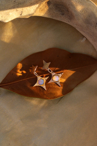 Star-shaped earrings with opals on a brown leaf