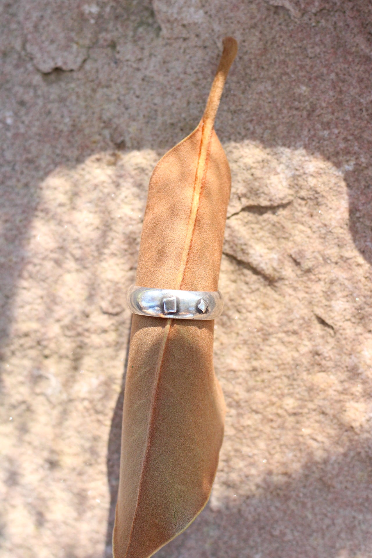 Silver ring on a brown leaf against a textured stone background