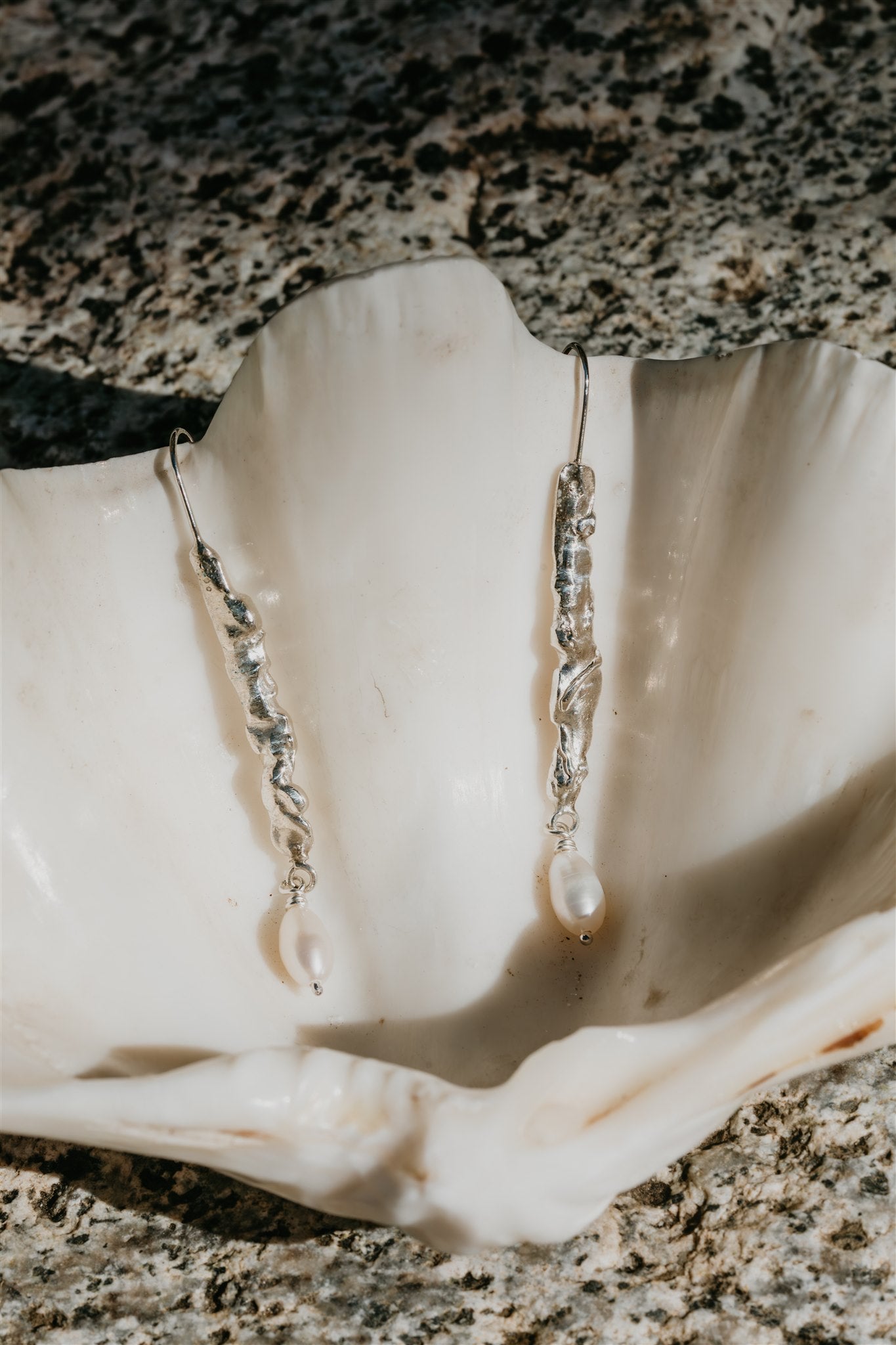 Silver earrings hanging from a shell on a textured surface